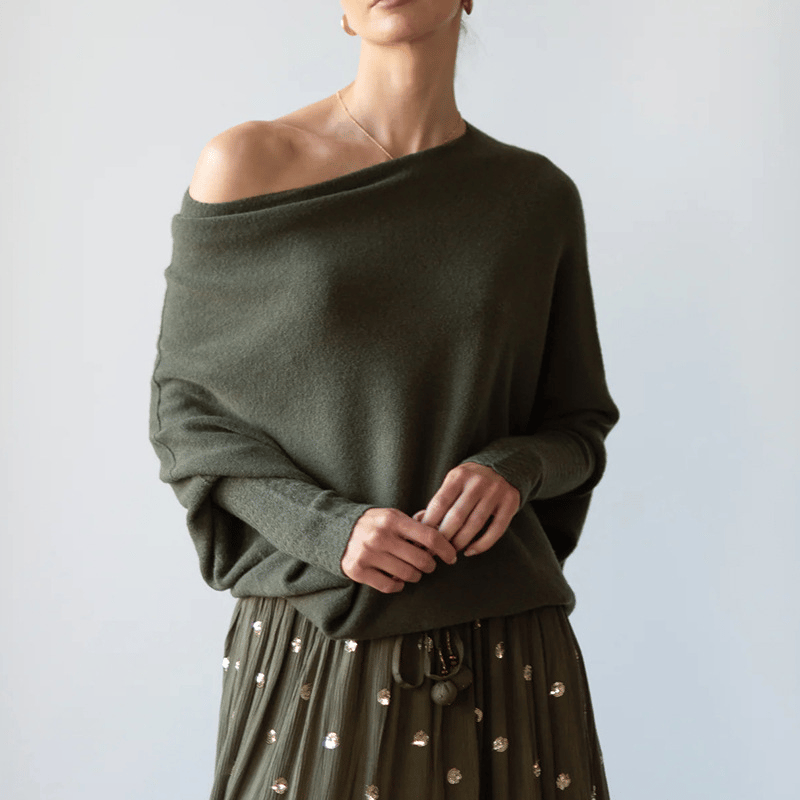 Women's Draped Off-Shoulder Casual Jumper in Dark Green