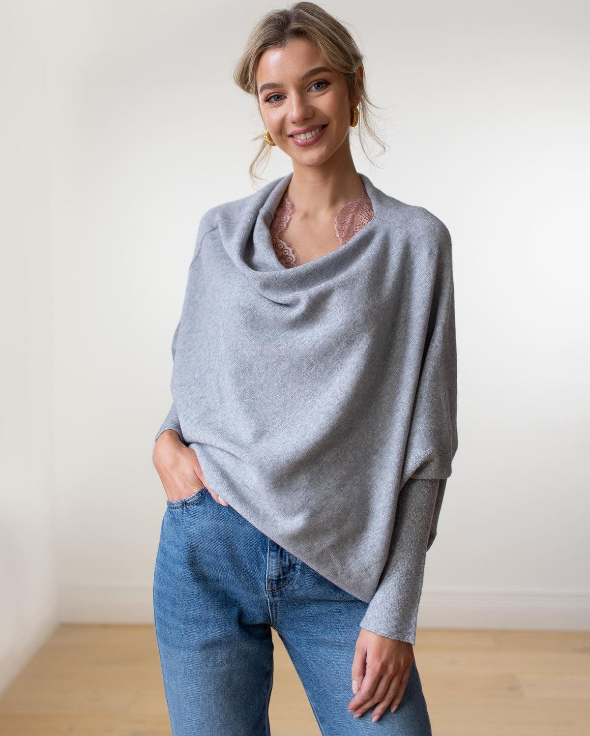 Women's Draped Off-Shoulder Casual Jumper in Light Grey