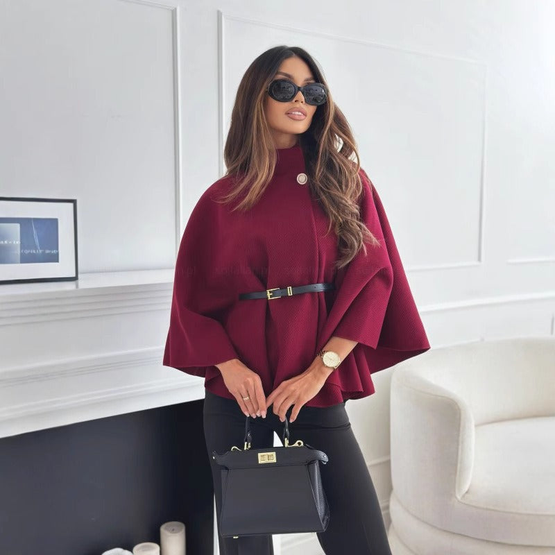 Women's Belted Cape-Style Casual Jacket in Burgundy