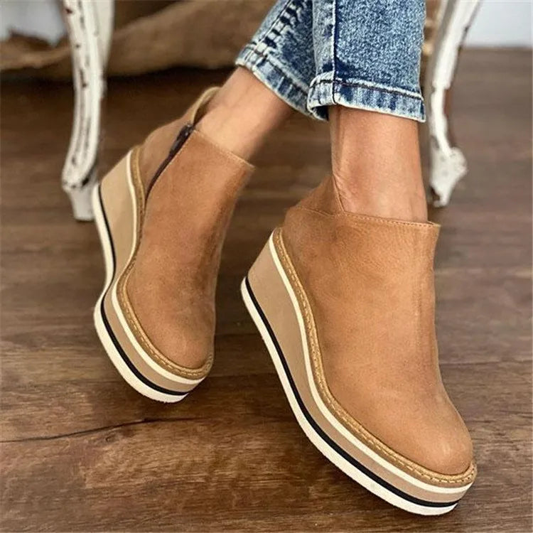 Women's Orthopaedic Wedge Casual Ankle Boots in Light Brown