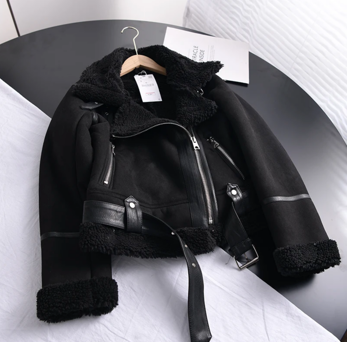 Women's Belted Biker Casual Jacket in Black