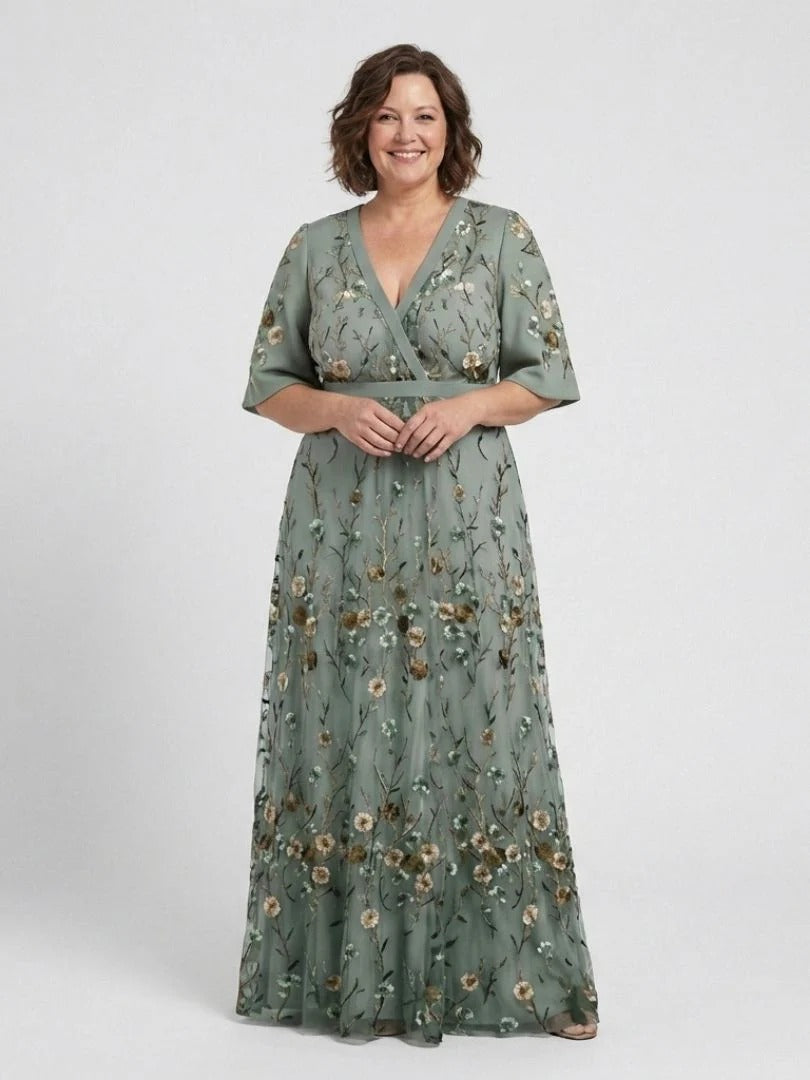 Amelia | V-Neck Floral Evening Dress Sheer Sleeves Maxi Fit