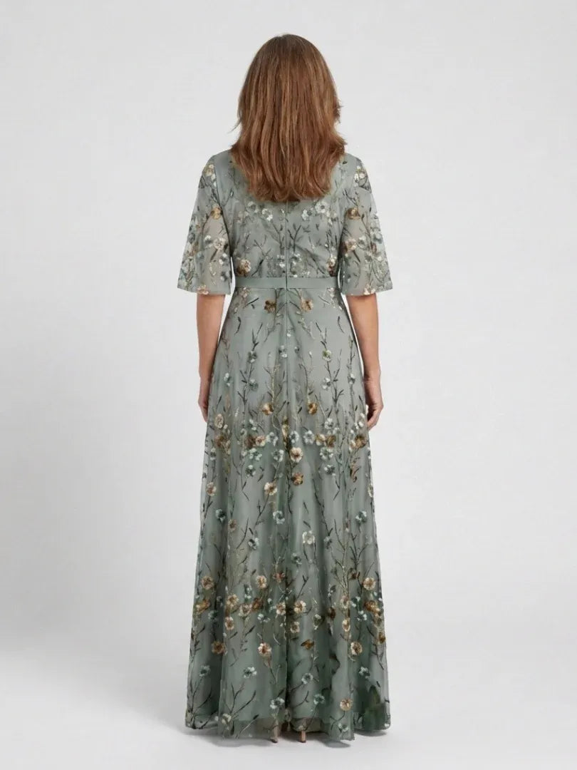 Amelia | V-Neck Floral Evening Dress Sheer Sleeves Maxi Fit