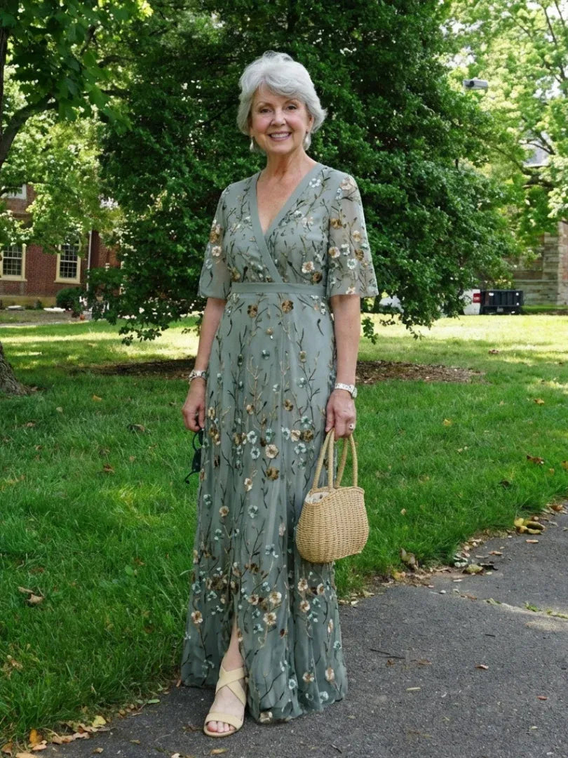 Amelia | V-Neck Floral Evening Dress Sheer Sleeves Maxi Fit