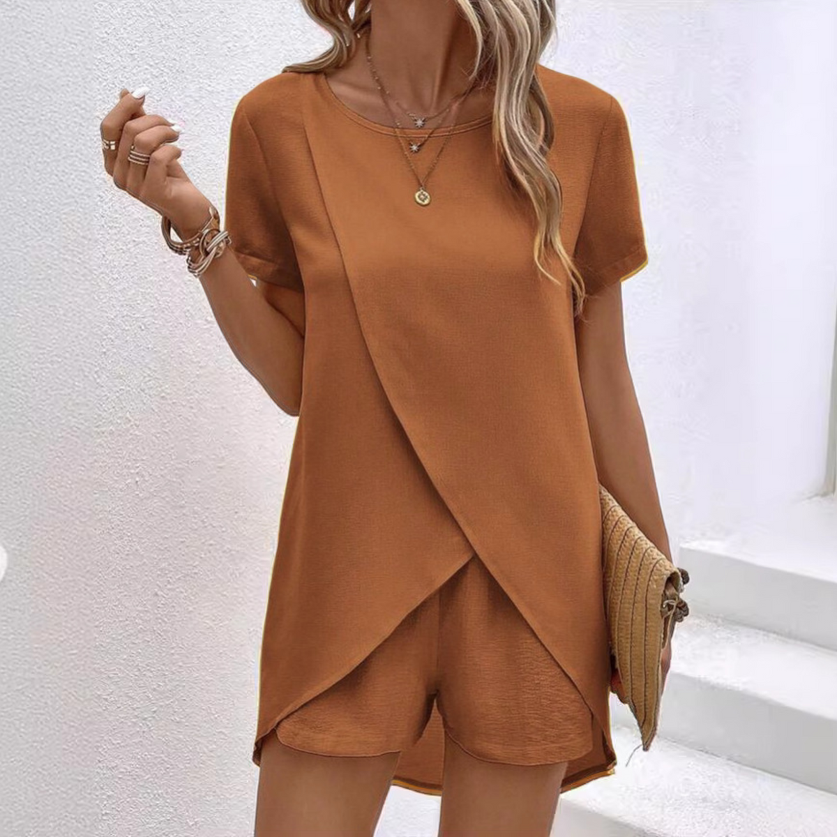 Crossover Short-Sleeve Casual Co-ord in Rust