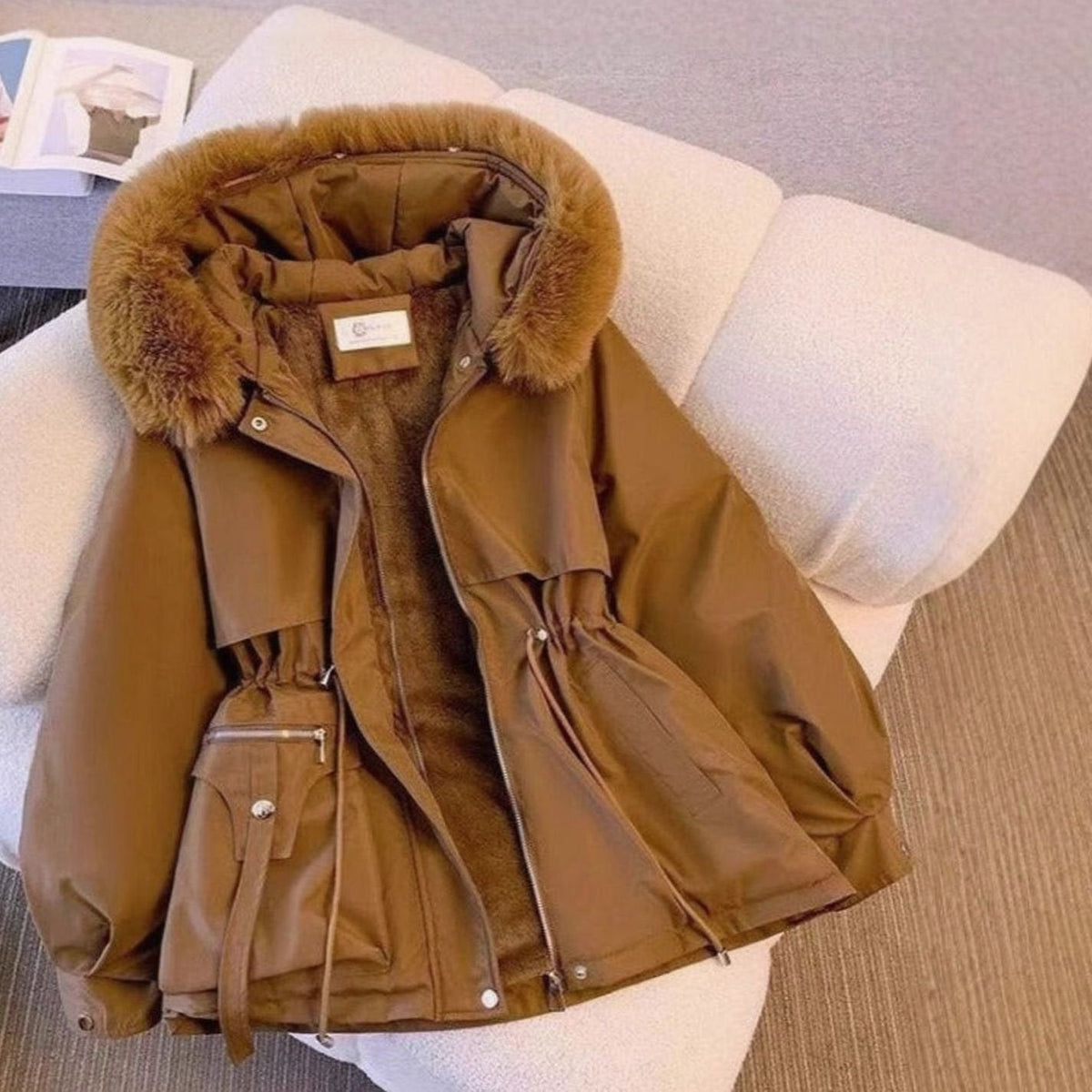Women's Drawstring-Waist Hooded Casual Jacket in Brown