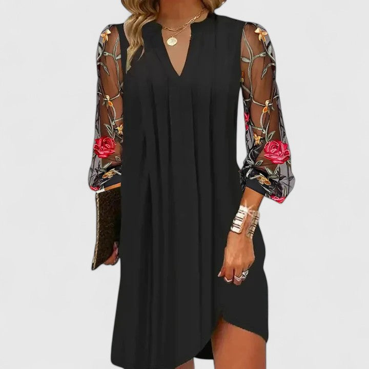 Sheer Sleeve Pleated Cocktail Mini Dress in Black
