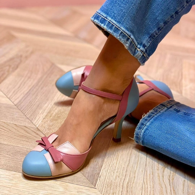 Round-Toe Ankle-Strap Party Heels in Light Blue