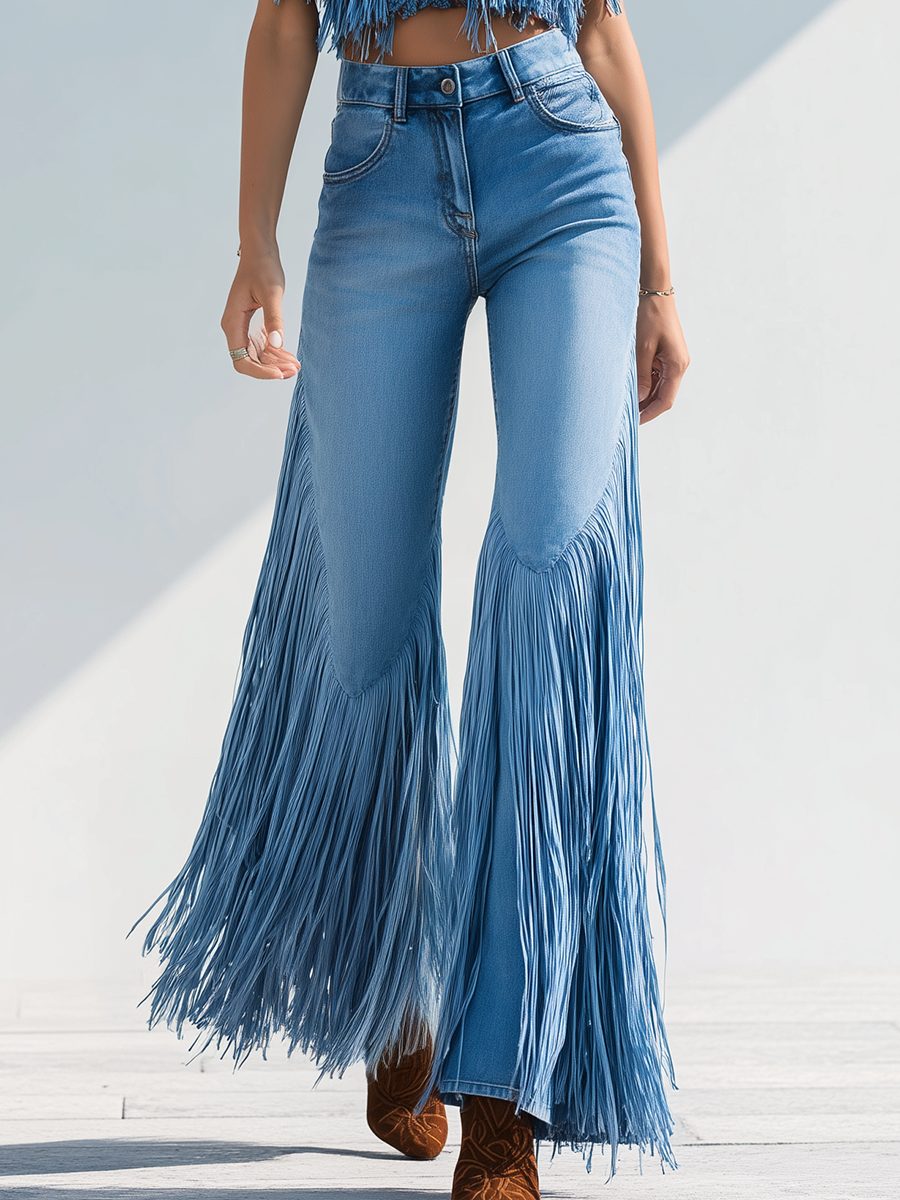 Women's Fringe Flare Party Jeans in Light Blue