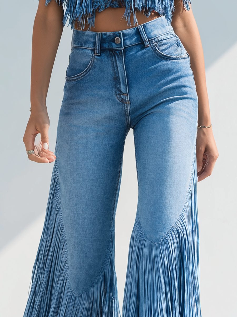 Women's Fringe Flare Party Jeans in Light Blue
