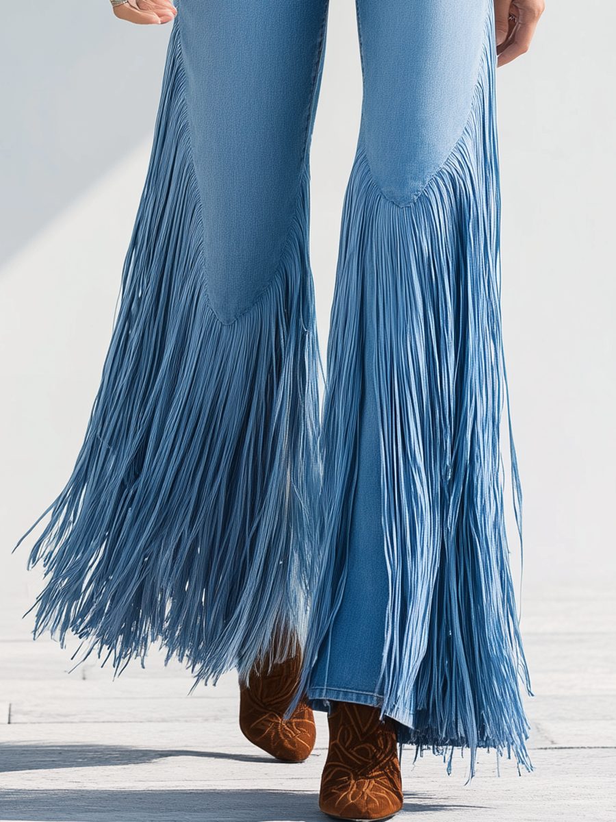 Women's Fringe Flare Party Jeans in Light Blue