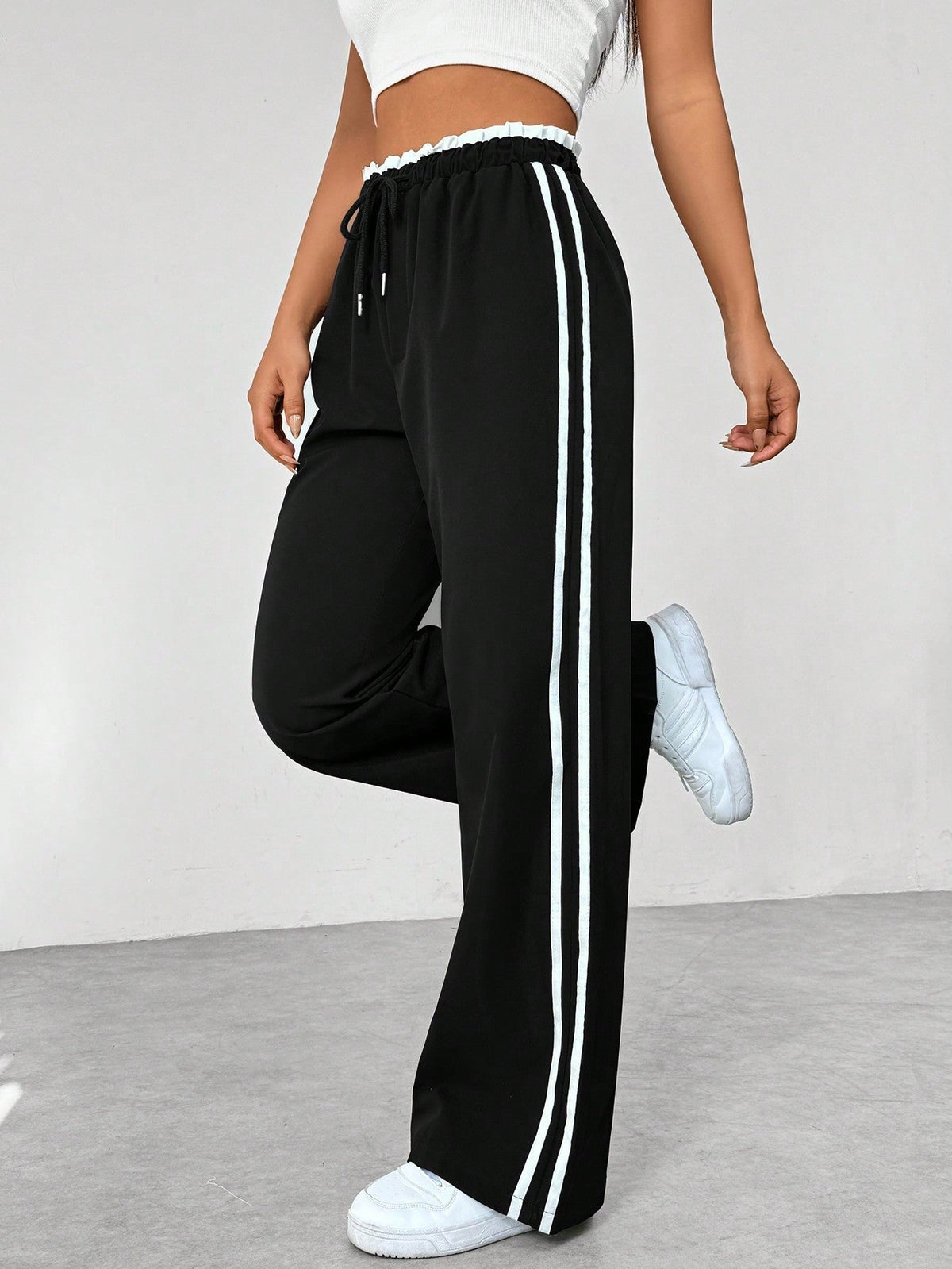 Women's Striped Casual Trousers in Black