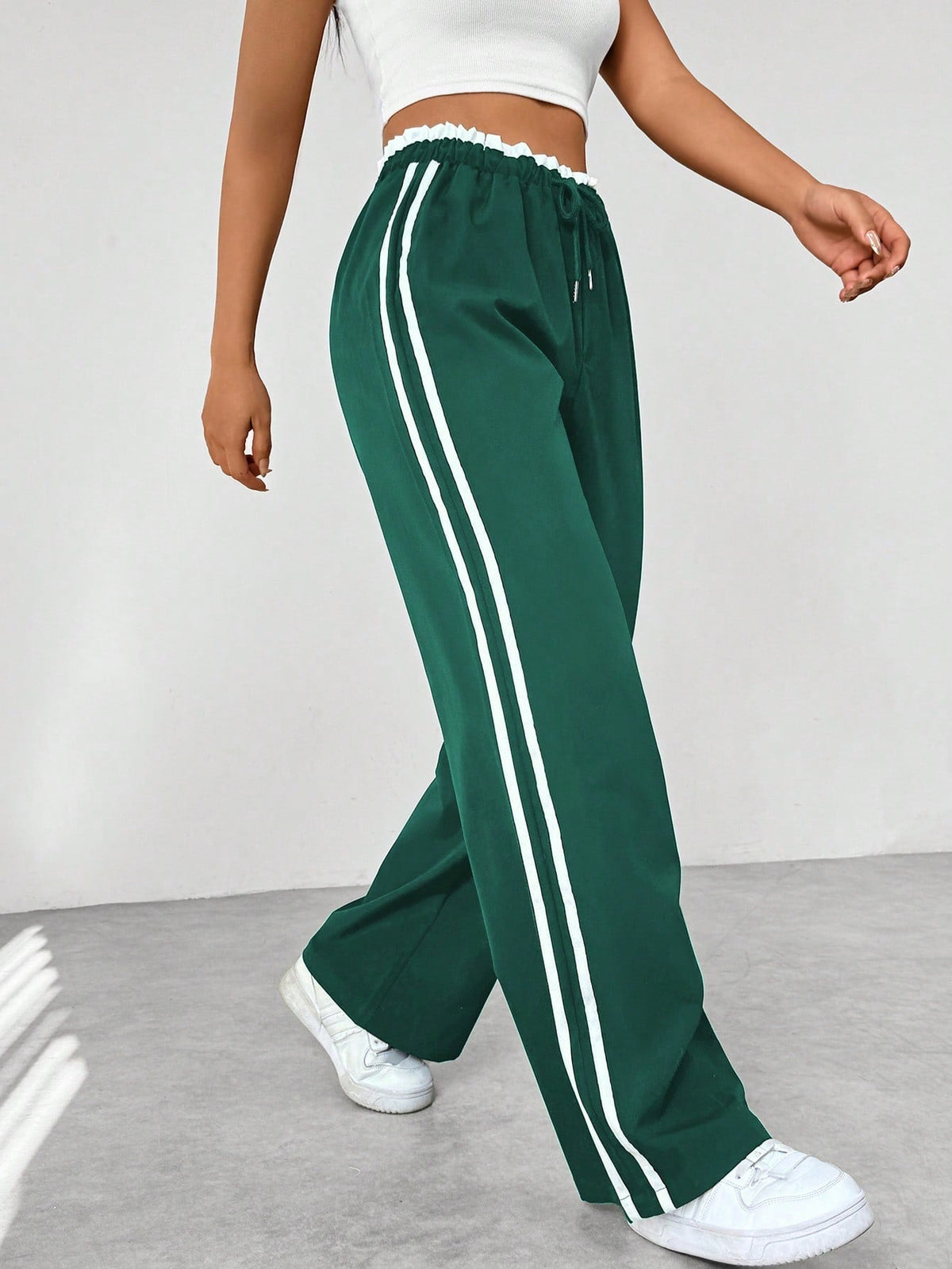 Women's Striped Casual Trousers in Dark Green