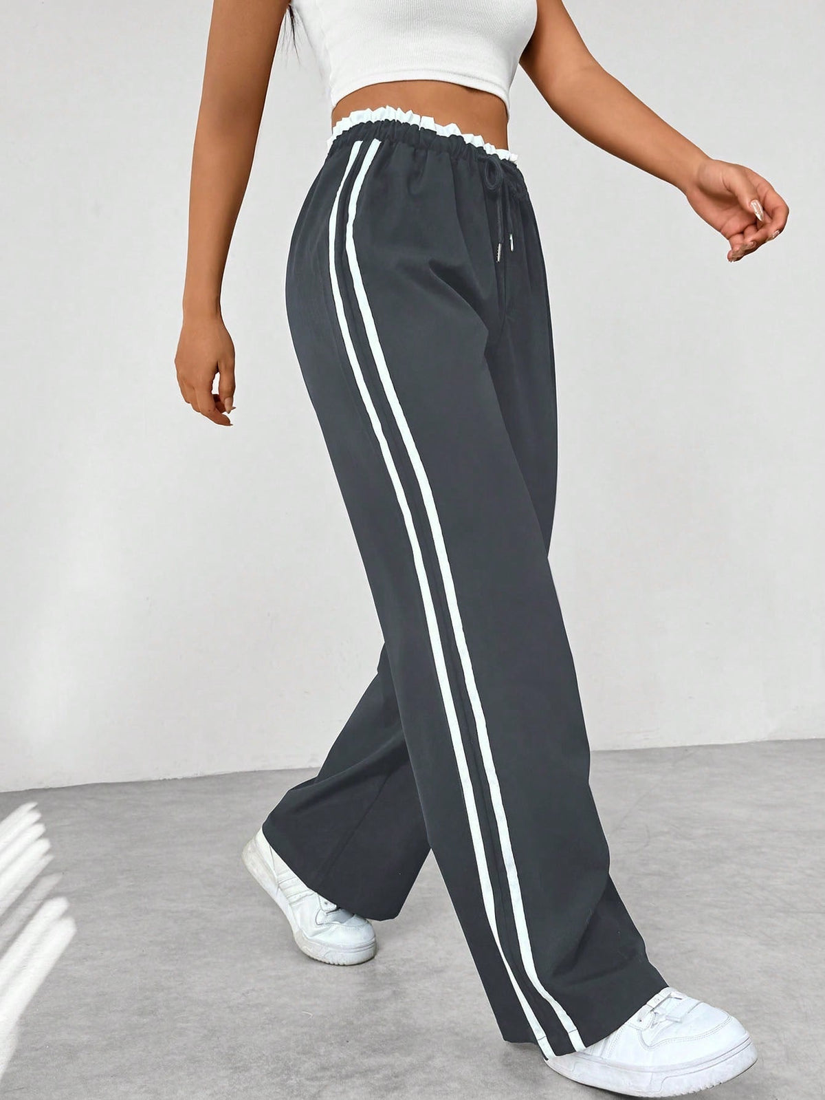 Women's Striped Casual Trousers in Dark Grey