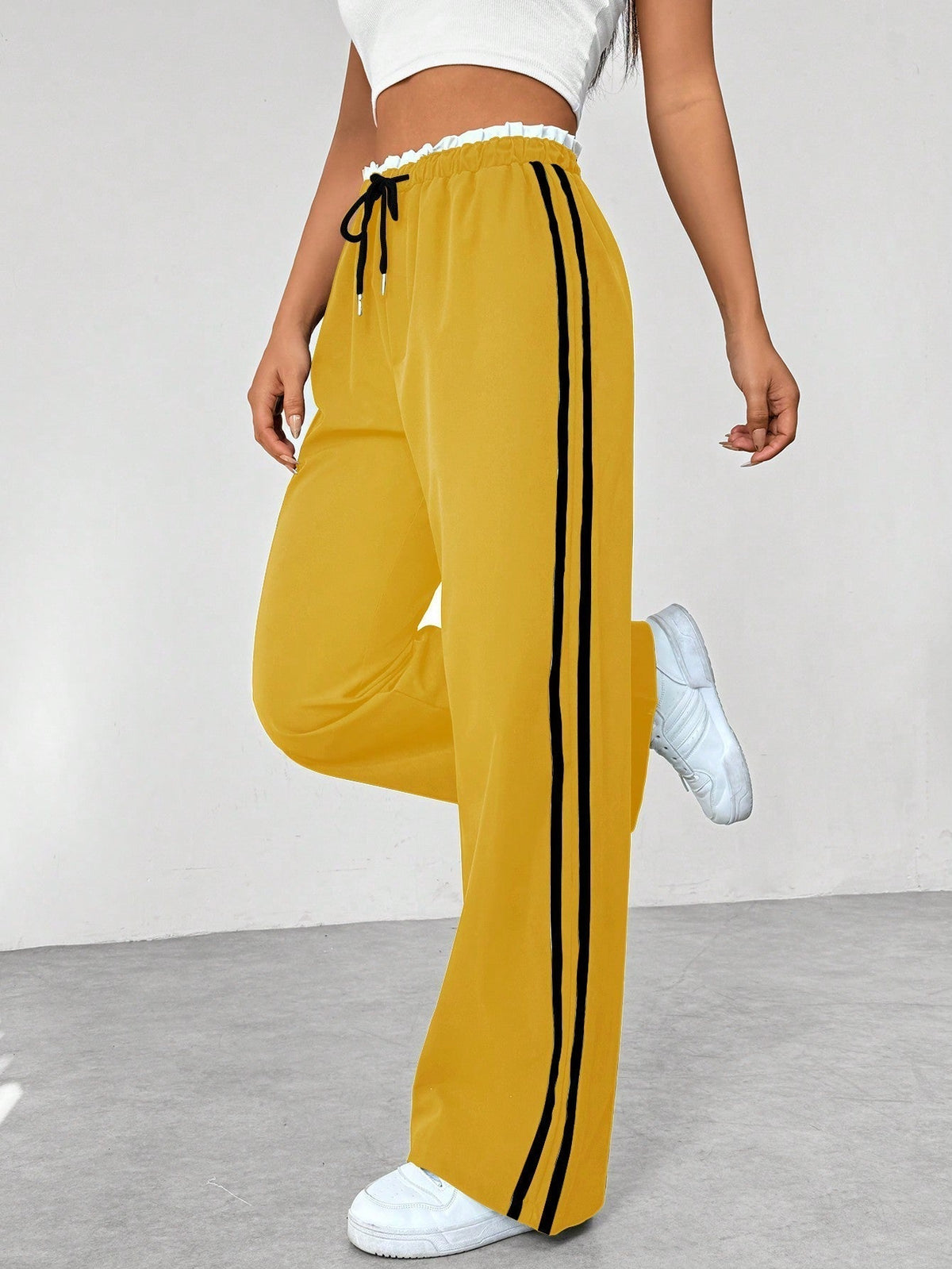 Women's Striped Casual Trousers in Mustard