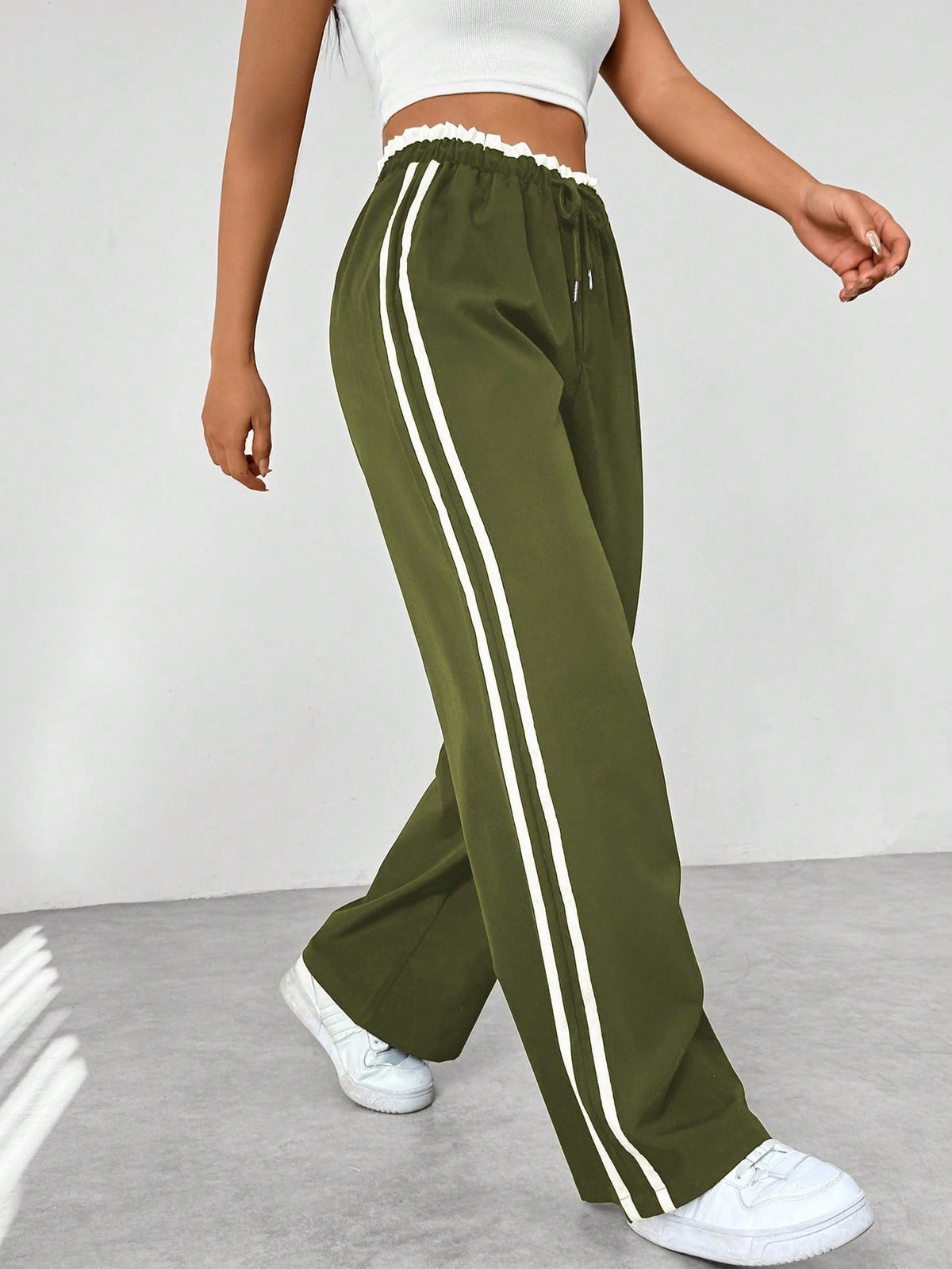 Women's Striped Casual Trousers in Olive