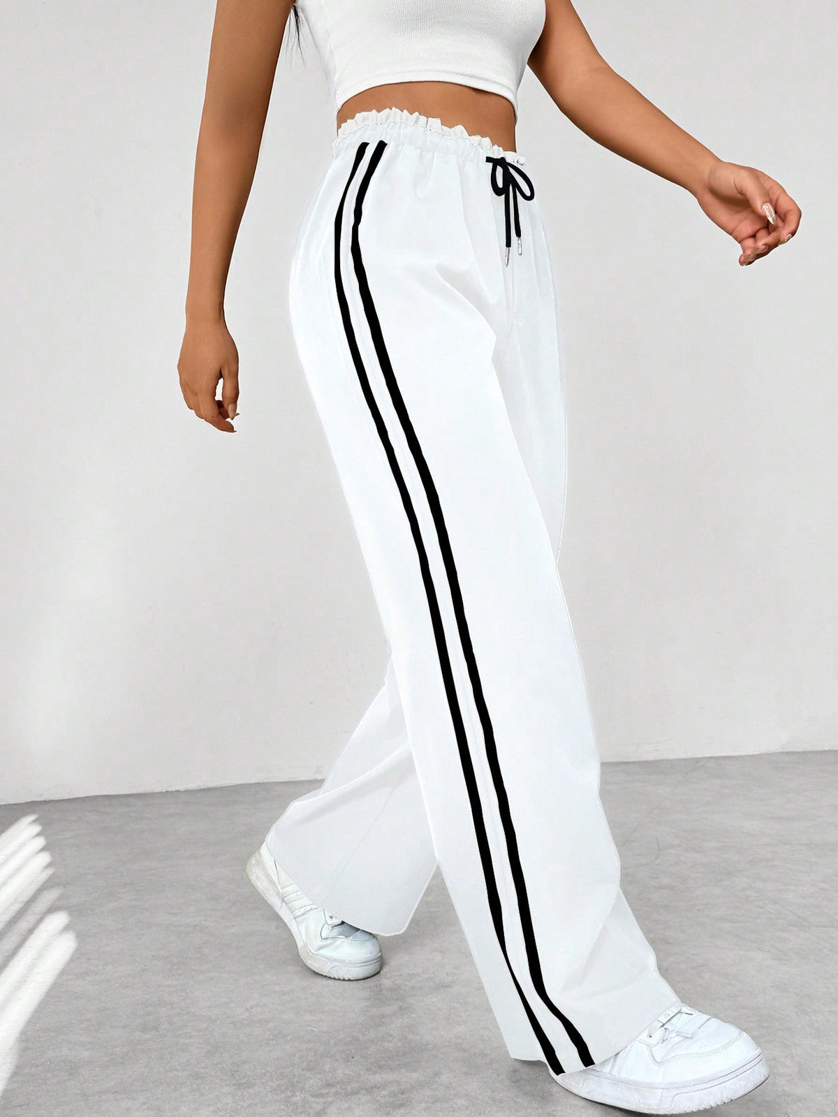 Women's Striped Casual Trousers in White