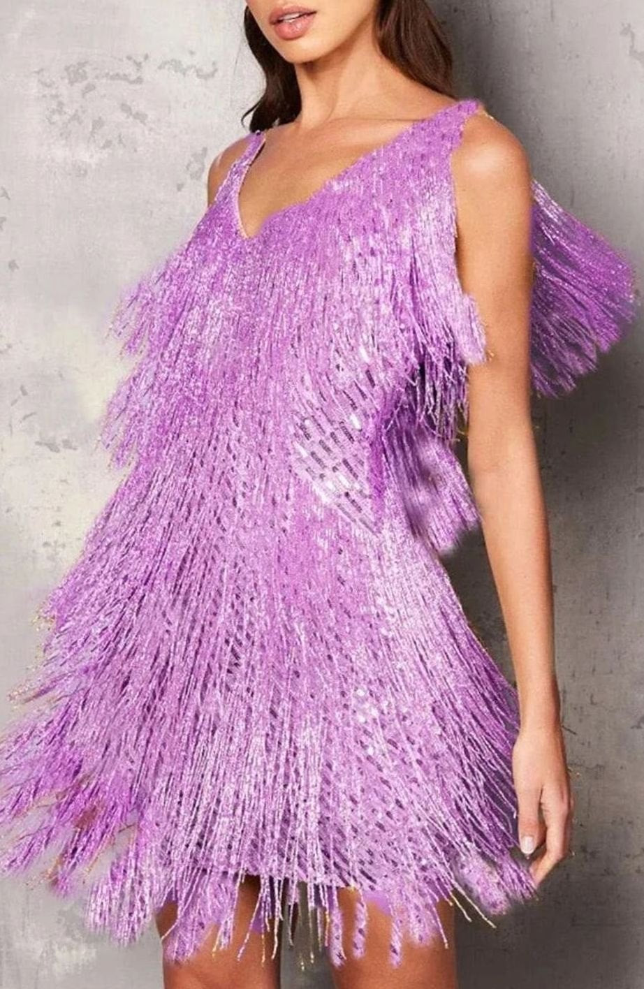 Tiered Fringe Cocktail Mini Dress in Lilac