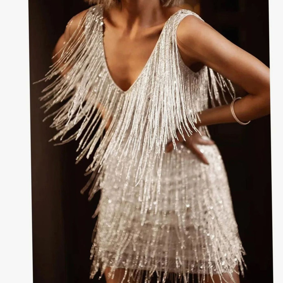 Tiered Fringe Cocktail Mini Dress in Silver