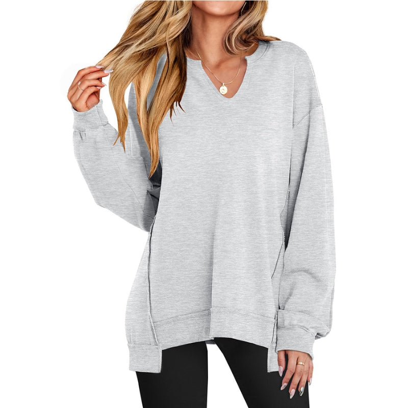 Women's V-Neck Casual Sweatshirt in Light Grey