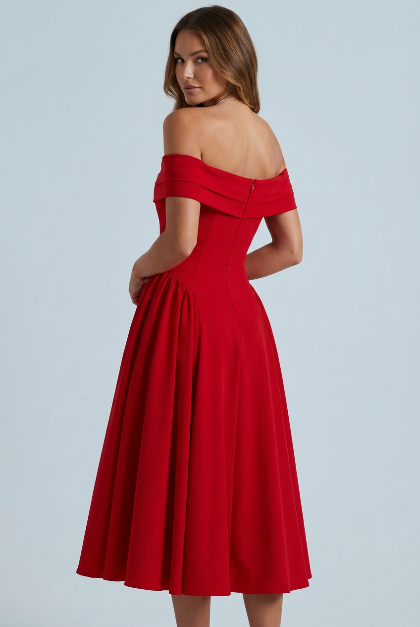 Off-Shoulder Cocktail Midi Dress in Red
