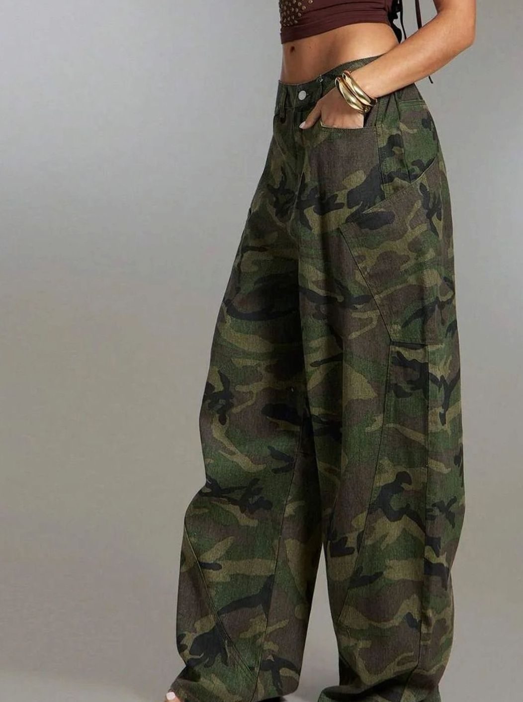 Women's Wide-Leg Barrel Casual Trousers in Dark Green