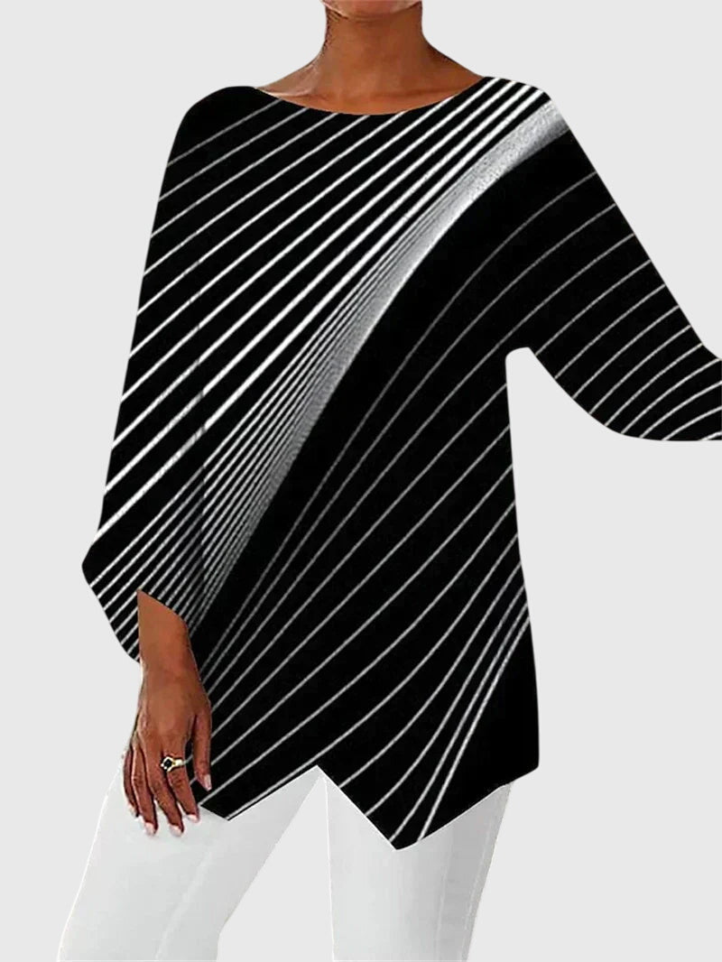 Asymmetric Crossover Hem Casual Blouse in Black & Beige