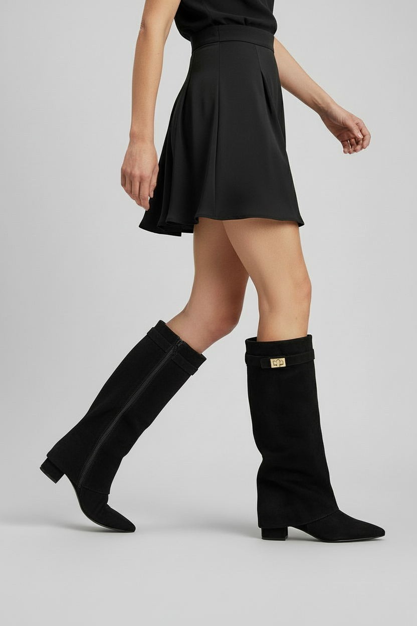 Women's Fold-Over Casual Knee High Boots in Black (Brushed Finish)