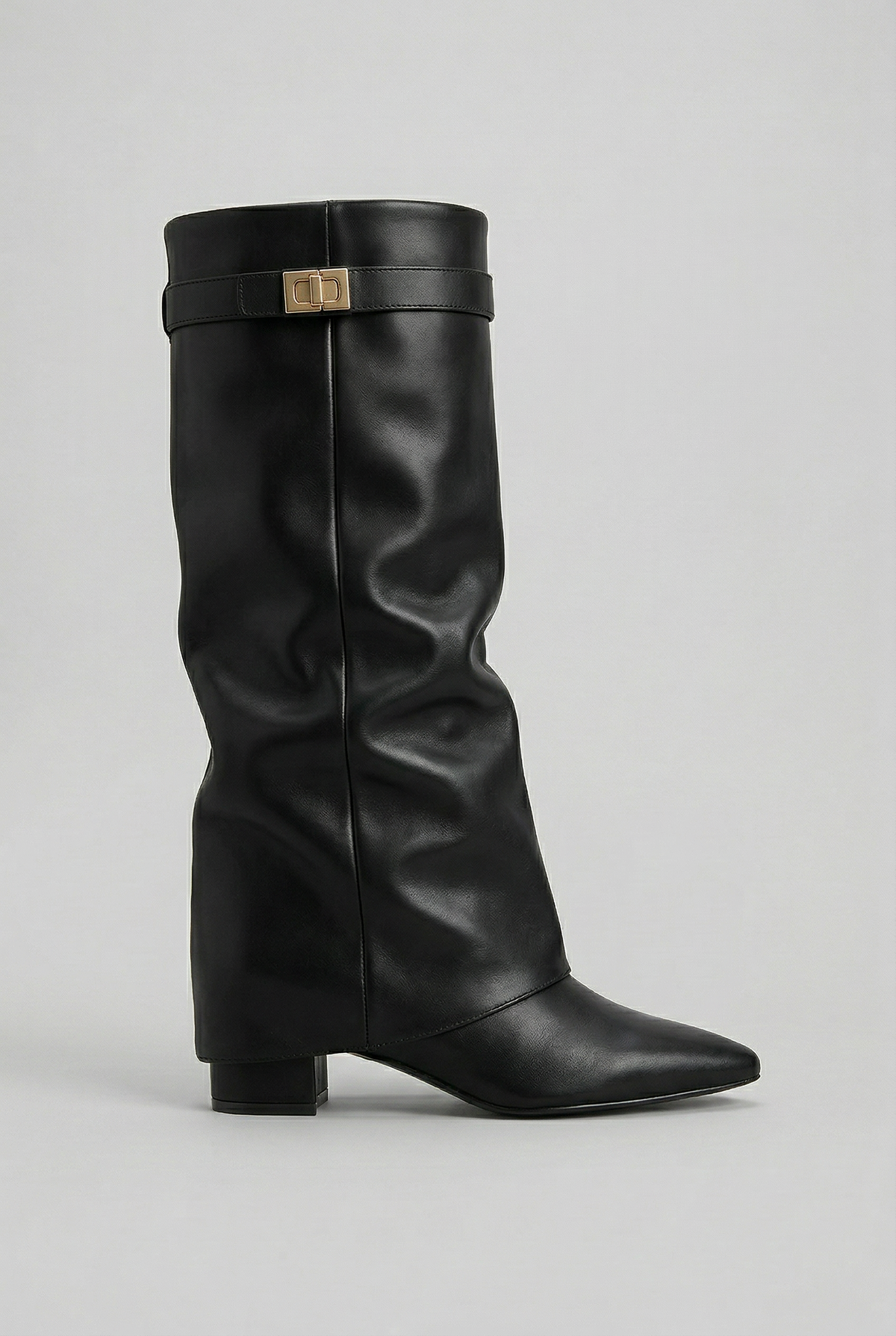 Women's Fold-Over Casual Knee High Boots in Black (Smooth Finish)