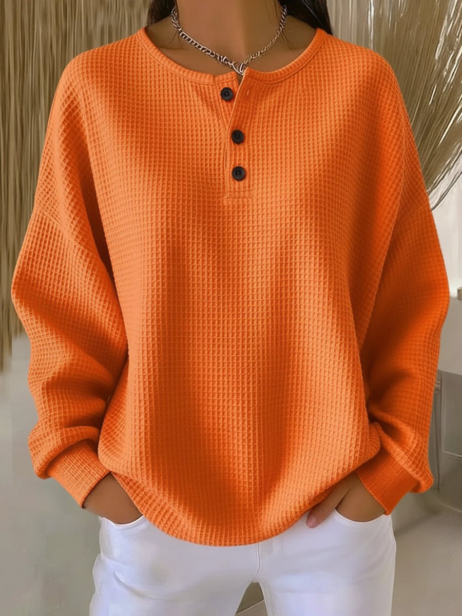 Women's Long-Sleeve Henley Casual T-Shirt in Orange