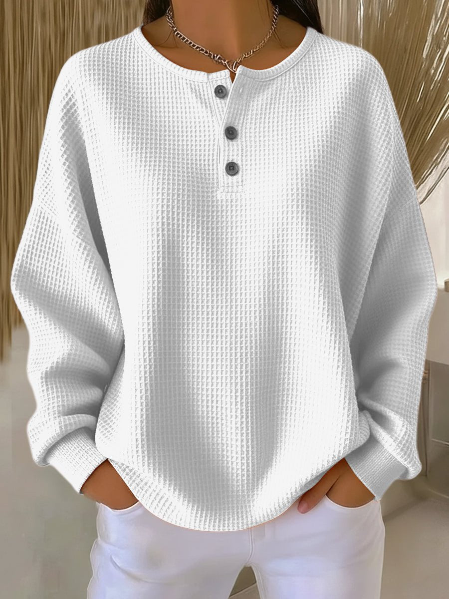 Women's Long-Sleeve Henley Casual T-Shirt in White