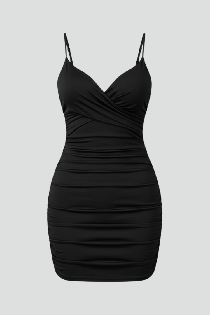 Ruched Wrap-Front Evening Mini Dress in Black