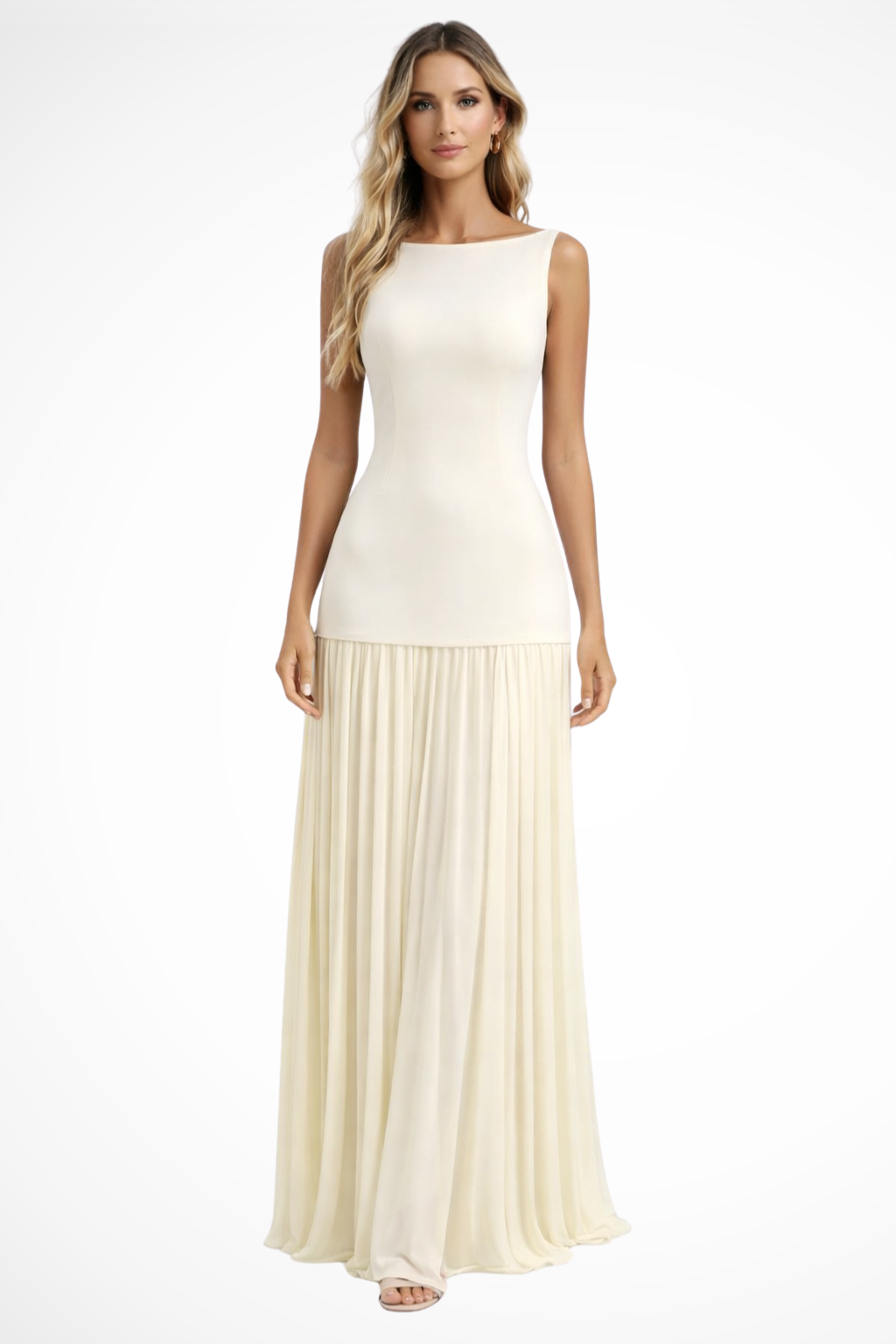 Drop-Waist Pleated Evening Maxi Dress in Cream