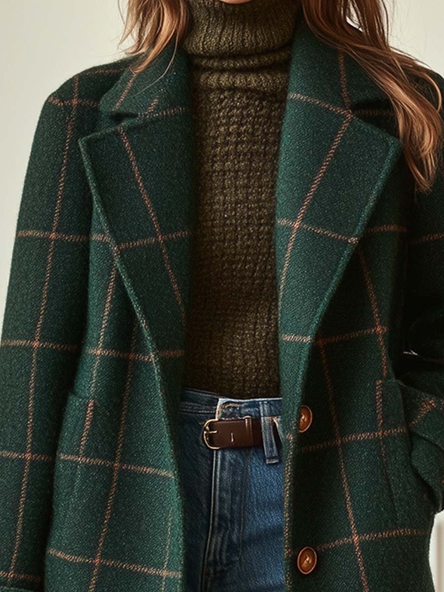 Women's Button-Front Lapel Casual Coat in Dark Green