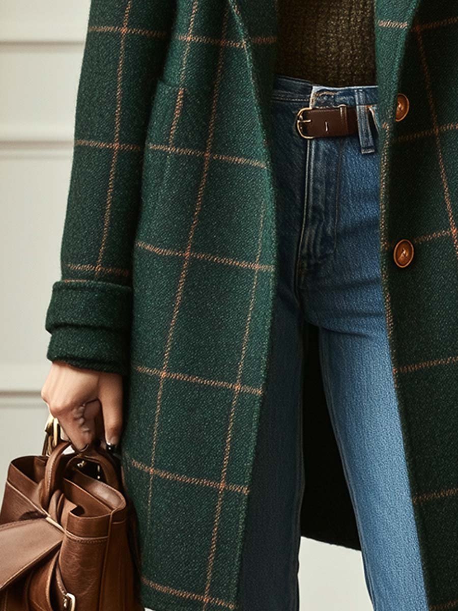 Women's Button-Front Lapel Casual Coat in Dark Green