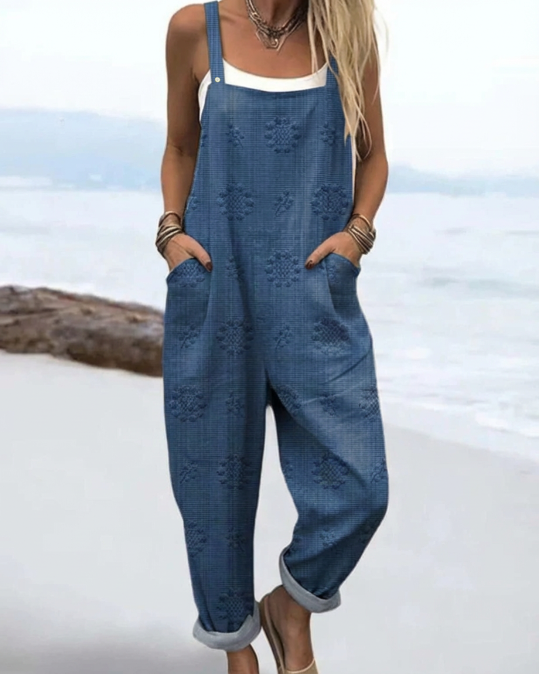 Wide-Leg Dungaree Casual Jumpsuit in Blue
