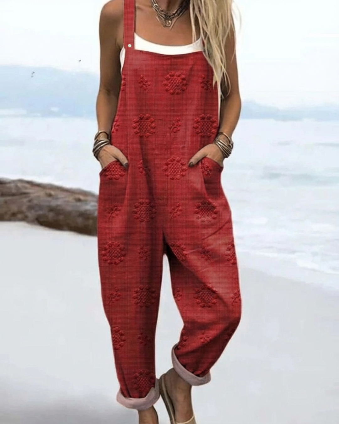 Wide-Leg Dungaree Casual Jumpsuit in Red