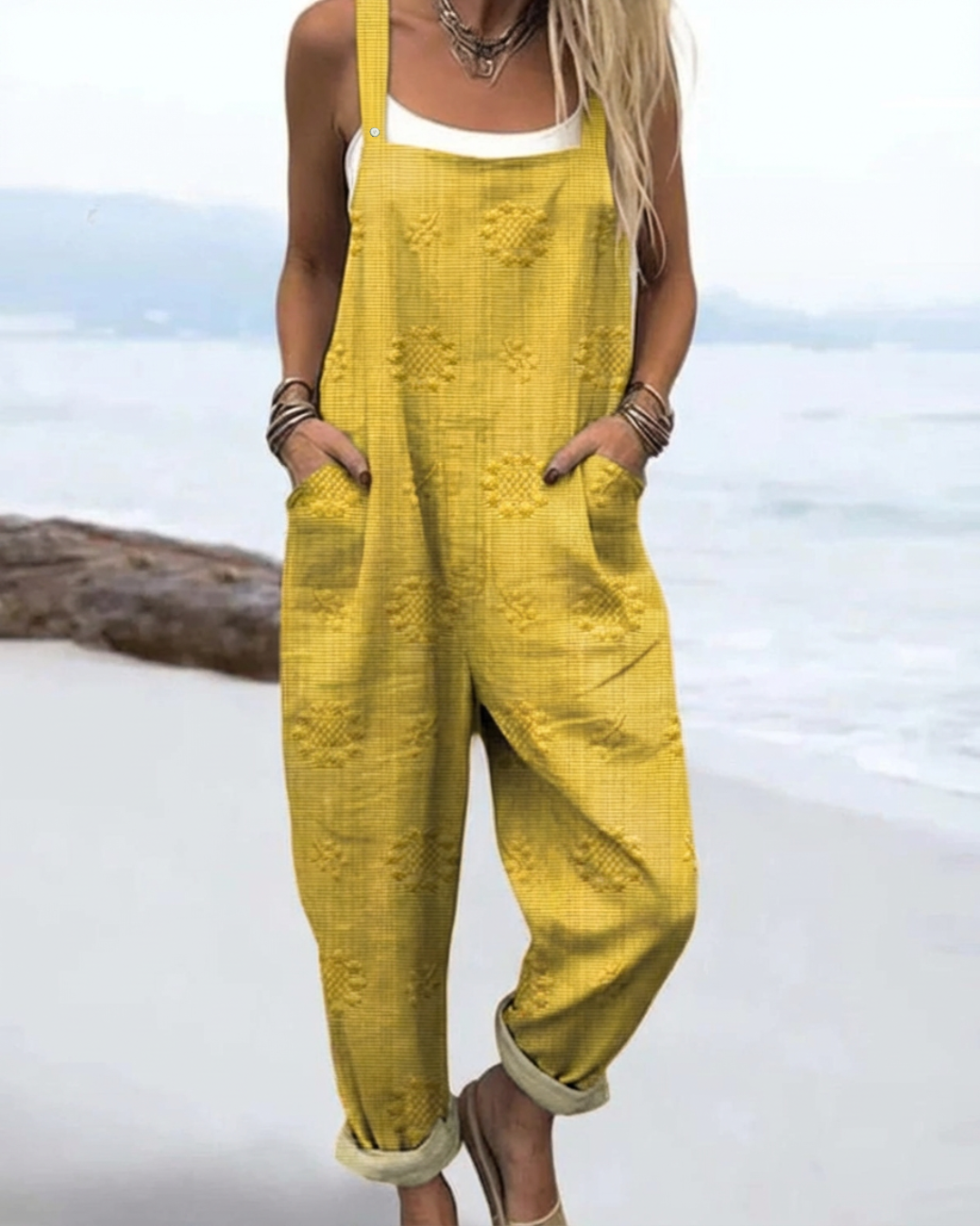Wide-Leg Dungaree Casual Jumpsuit in Yellow