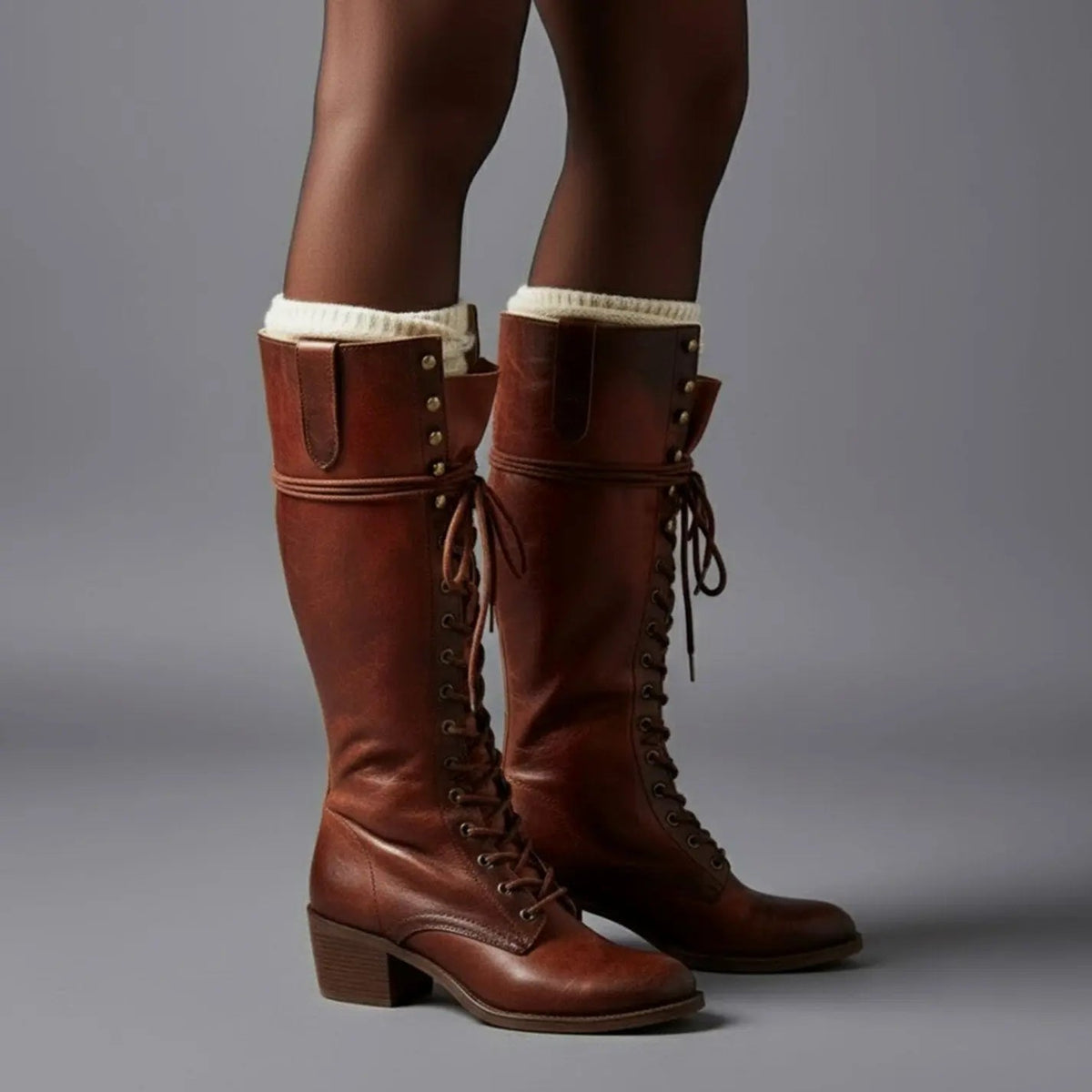 Women's Orthopaedic Lace-Up Casual Knee High Boots in Brick Red