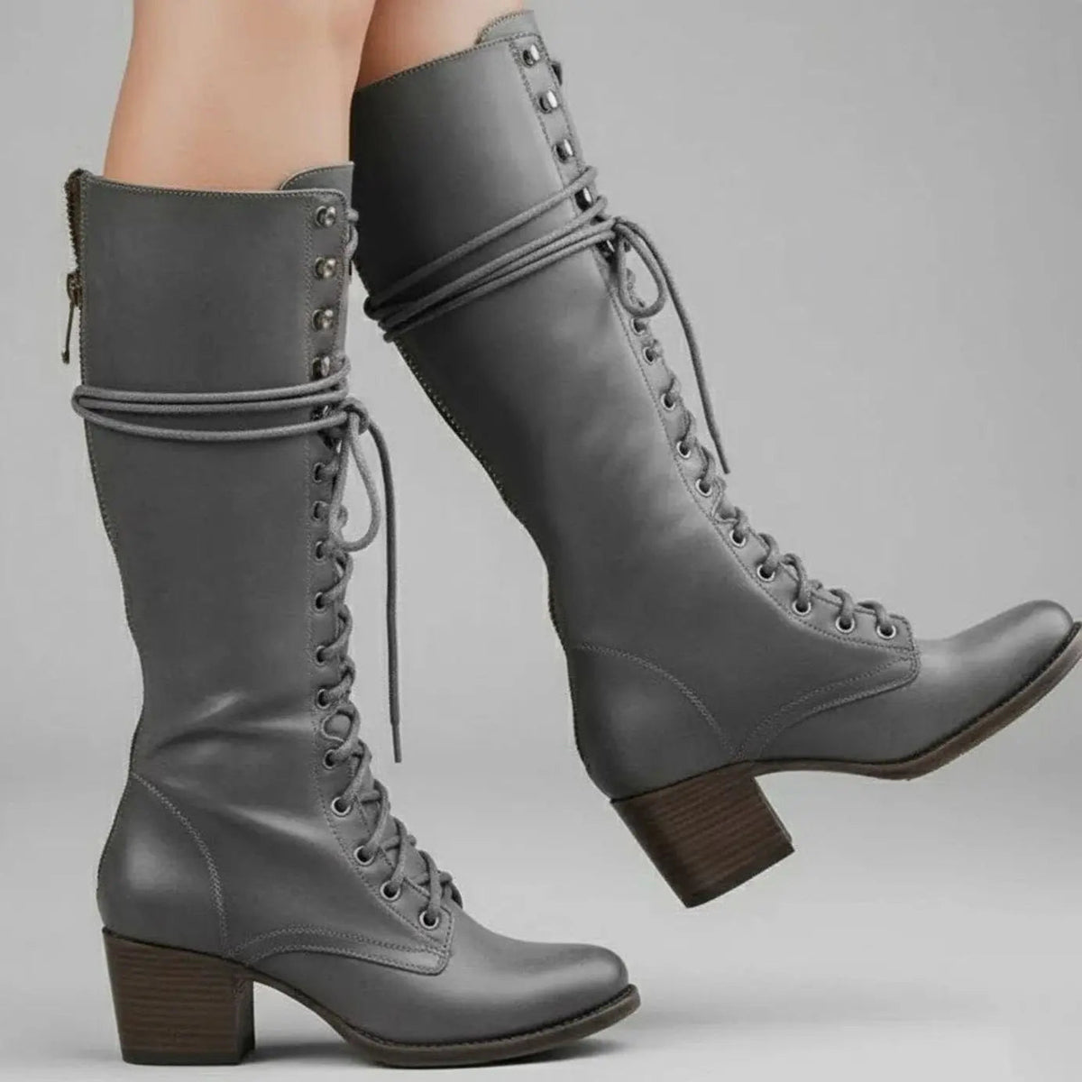 Women's Orthopaedic Lace-Up Casual Knee High Boots in Grey