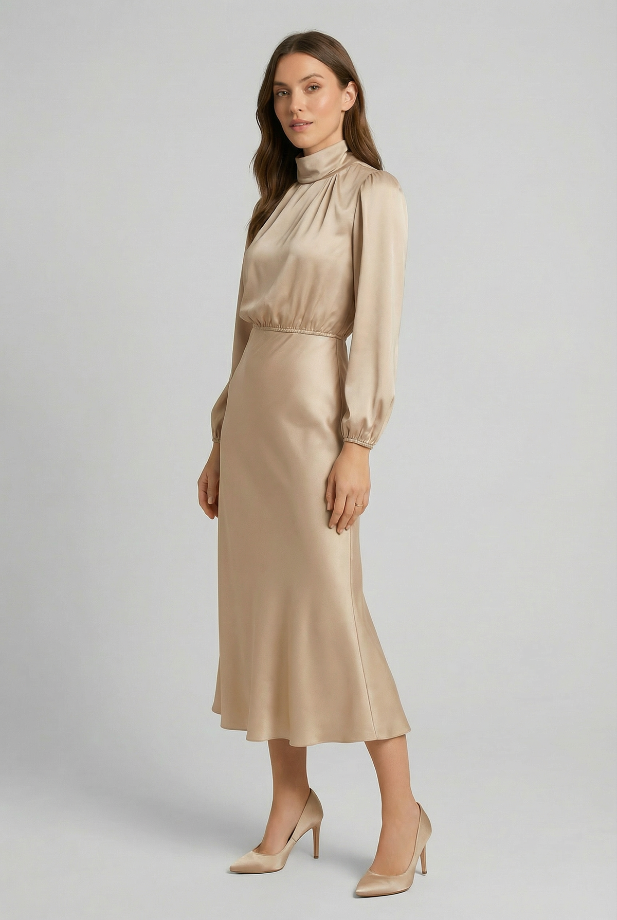 High-Neck Blouson Evening Midi Dress in Beige