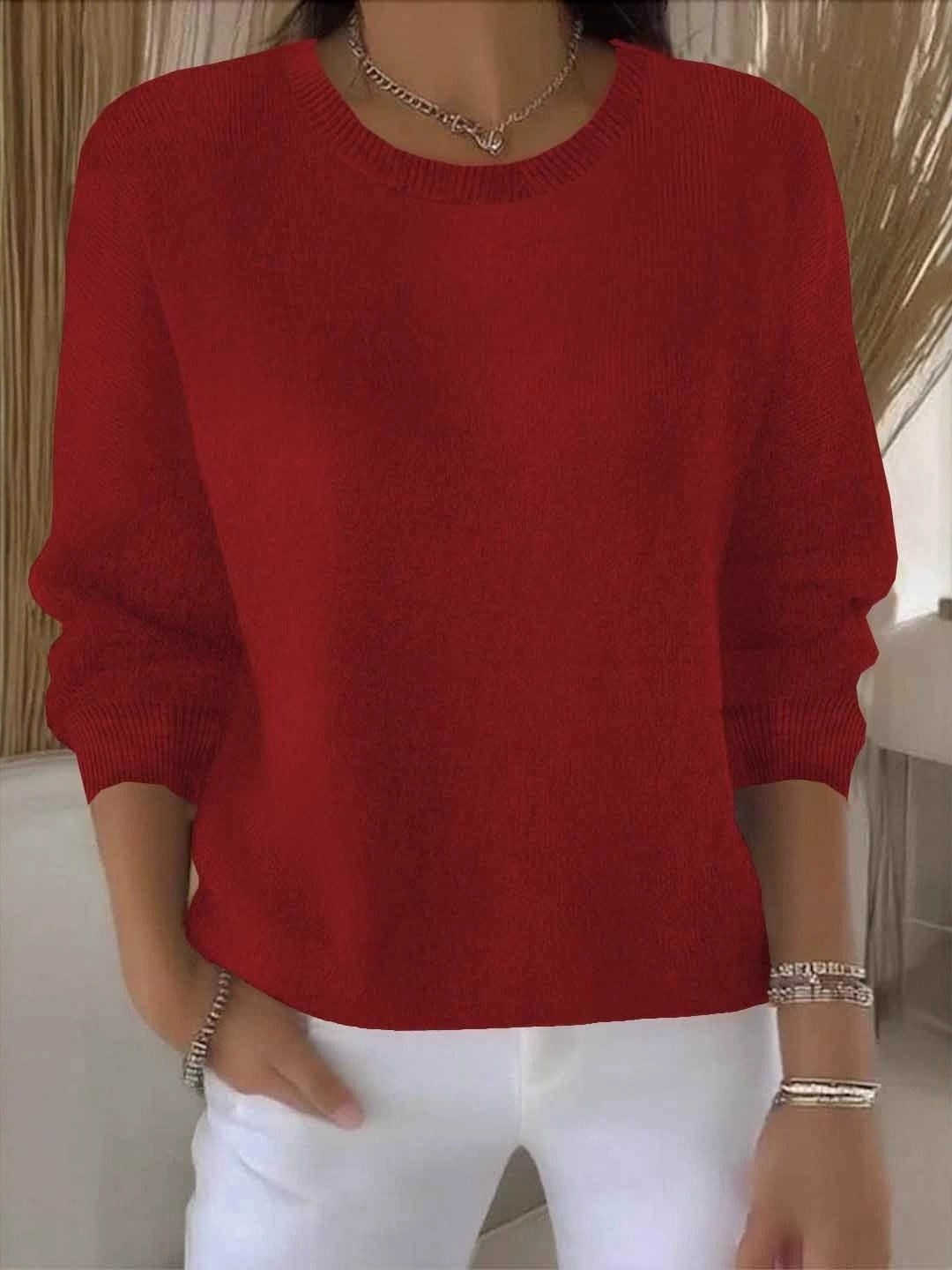 Women's Round-Neck Casual Jumper in Red