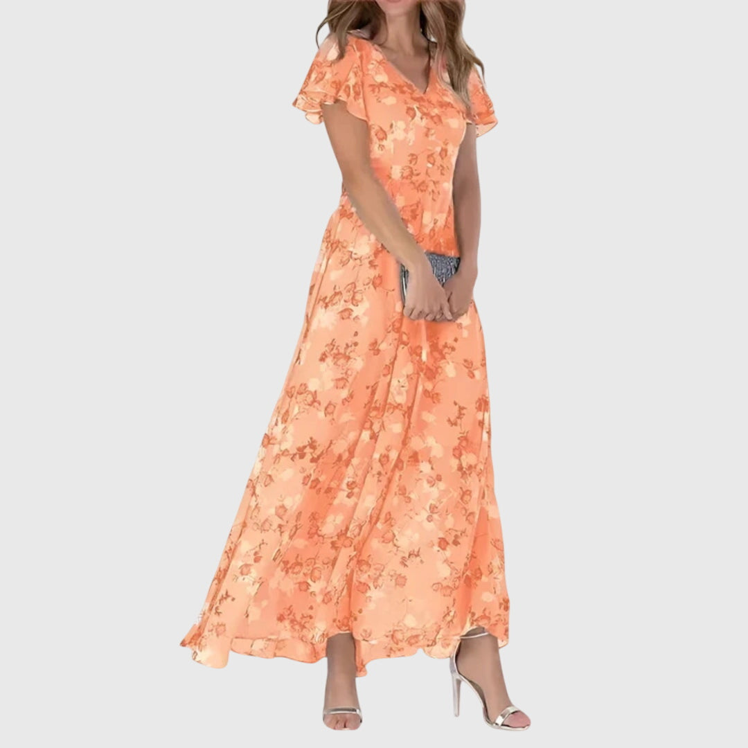Flutter-Sleeve Wedding Guest Maxi Dress in Peach