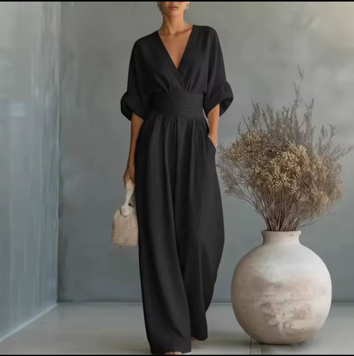 Wrap V-Neck Wide-Leg Casual Jumpsuit in Black