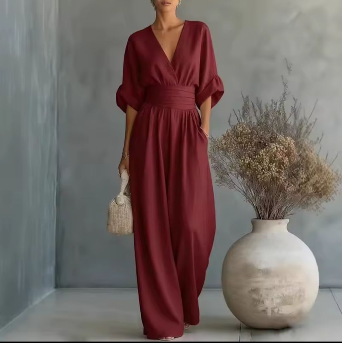 Wrap V-Neck Wide-Leg Casual Jumpsuit in Burgundy