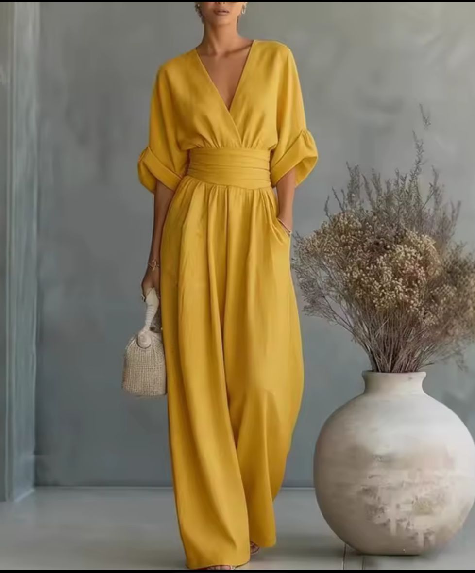 Wrap V-Neck Wide-Leg Casual Jumpsuit in Mustard