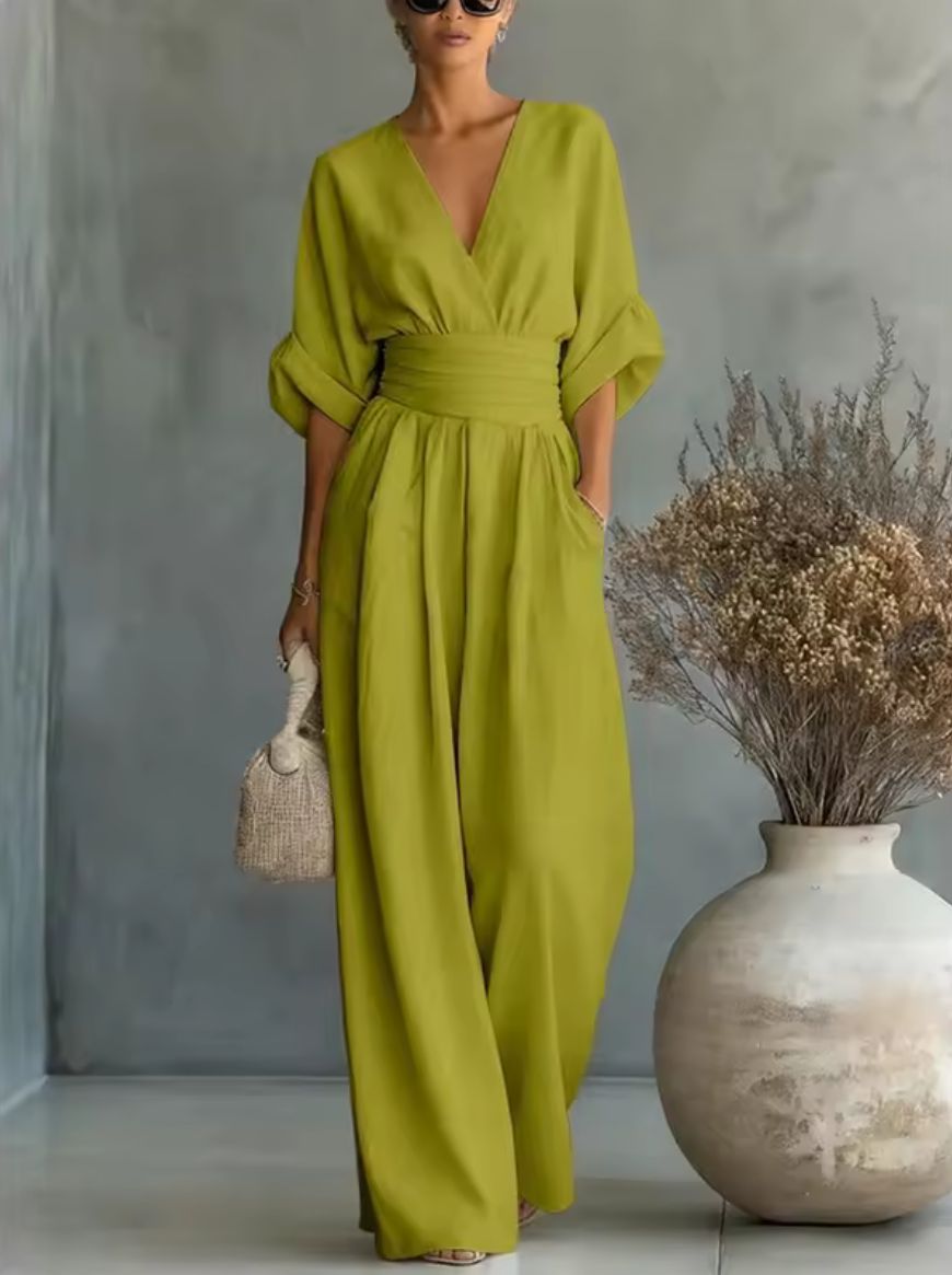 Wrap V-Neck Wide-Leg Casual Jumpsuit in Olive