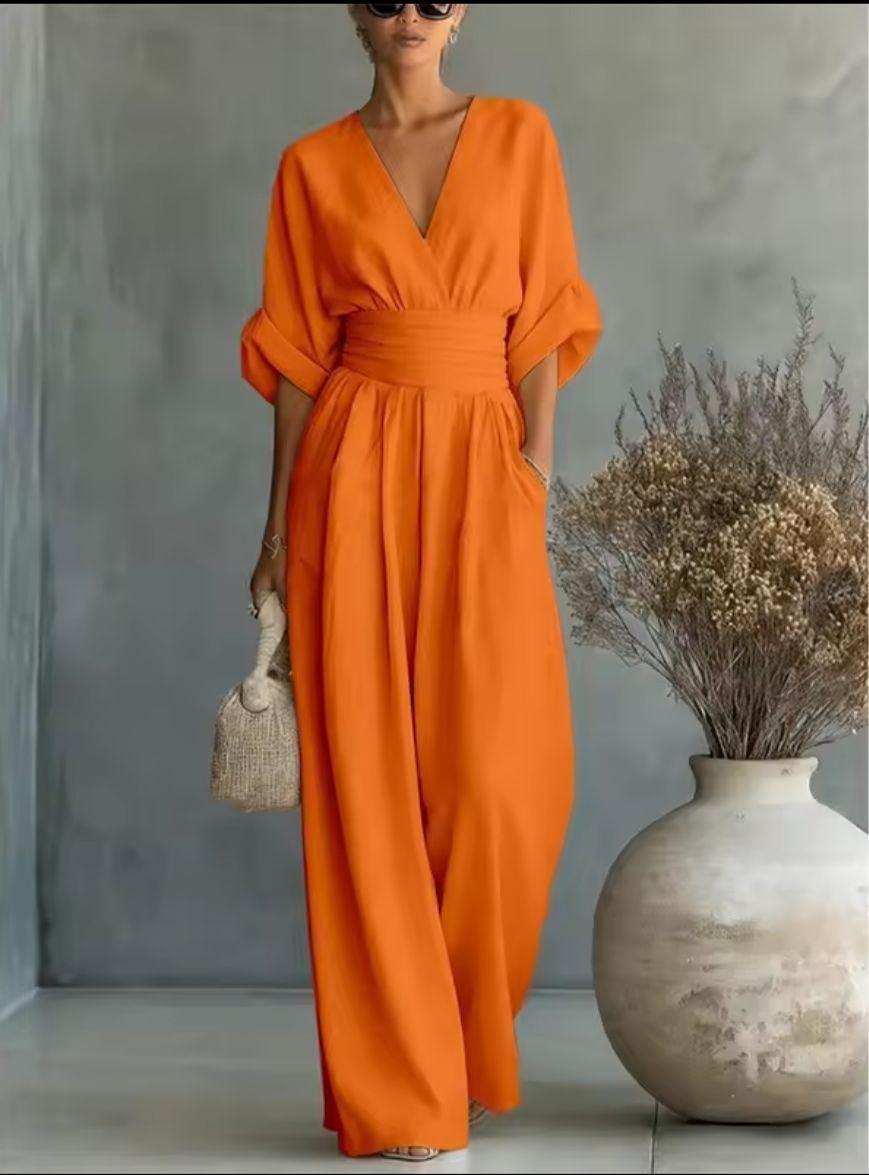 Wrap V-Neck Wide-Leg Casual Jumpsuit in Orange