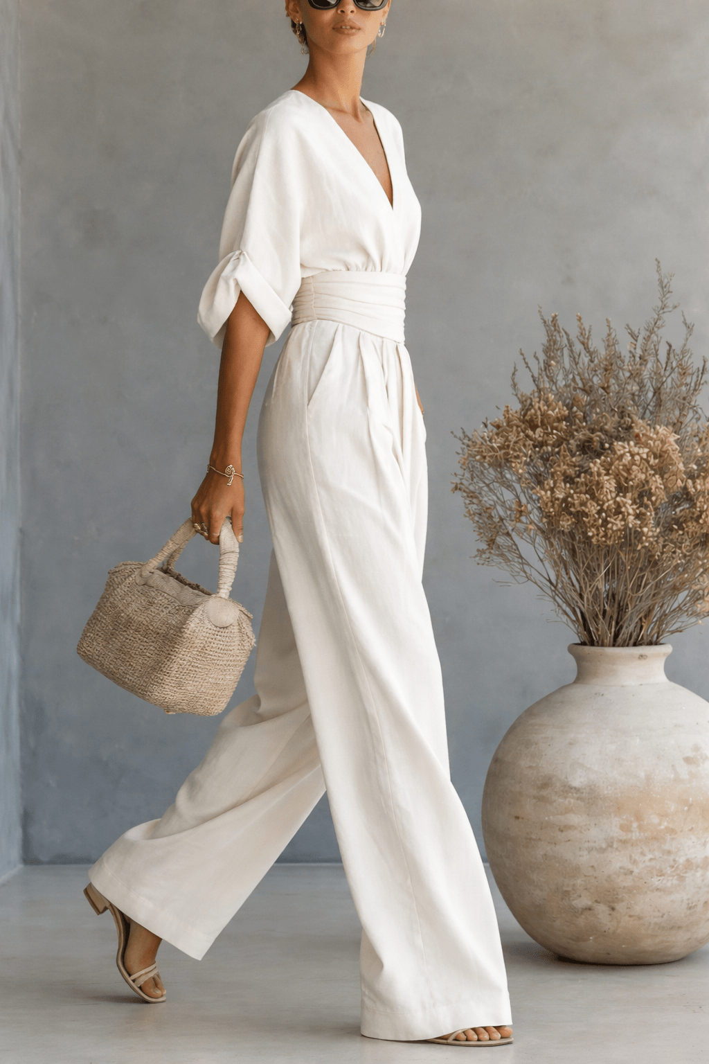 Wrap V-Neck Wide-Leg Casual Jumpsuit in White