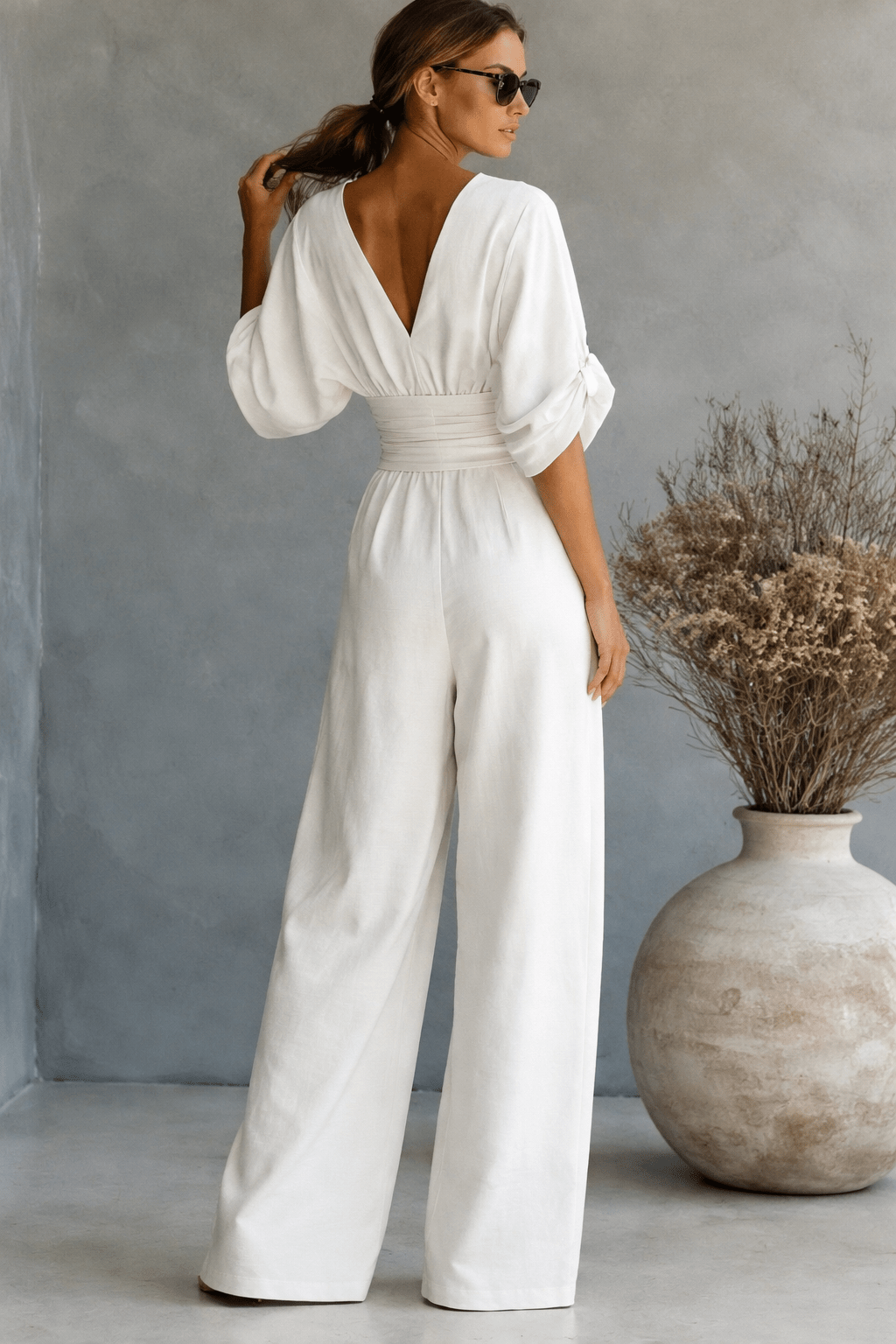 Wrap V-Neck Wide-Leg Casual Jumpsuit in White